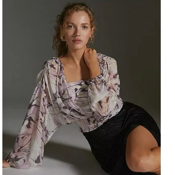 BY ANTHROPOLOGIE Sheer Peasant Top Light Purple Motif Sz Small $98 MSRP Romantic - Picture 14 of 14